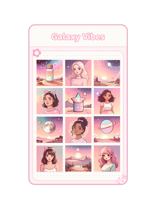 Galaxy Vibes Vinyl Sticker Bogen – 12 Kawaii Sticker mit süßen Mädchen, Planeten, Sternen und Mondlandschaften in Rosa Pastell, Aesthetic Space Design