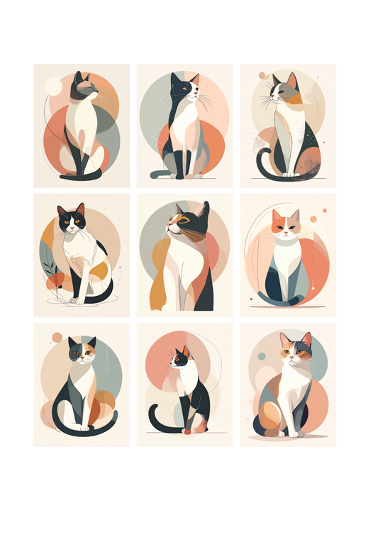 Cat Art | Papier Sticker Bogen – Minimalistische Katzen Illustration